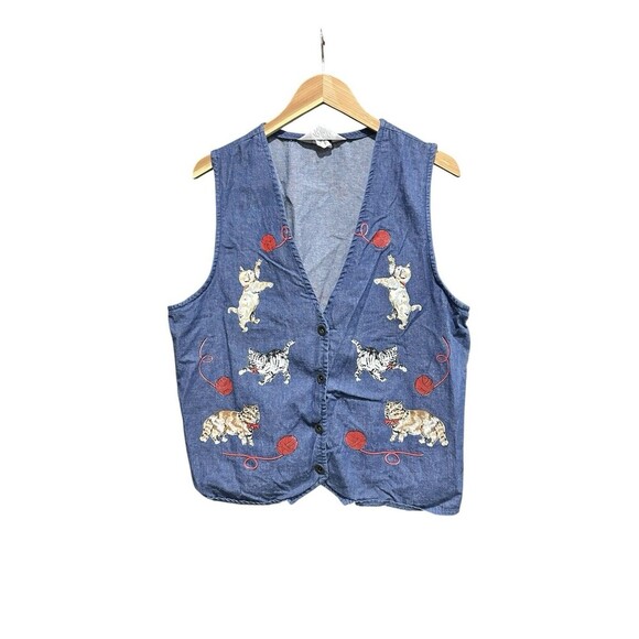 Blair Vintage Cat Kitten Vest 90s Denim Cat Lady Blue Size Large Retro - Picture 2 of 6